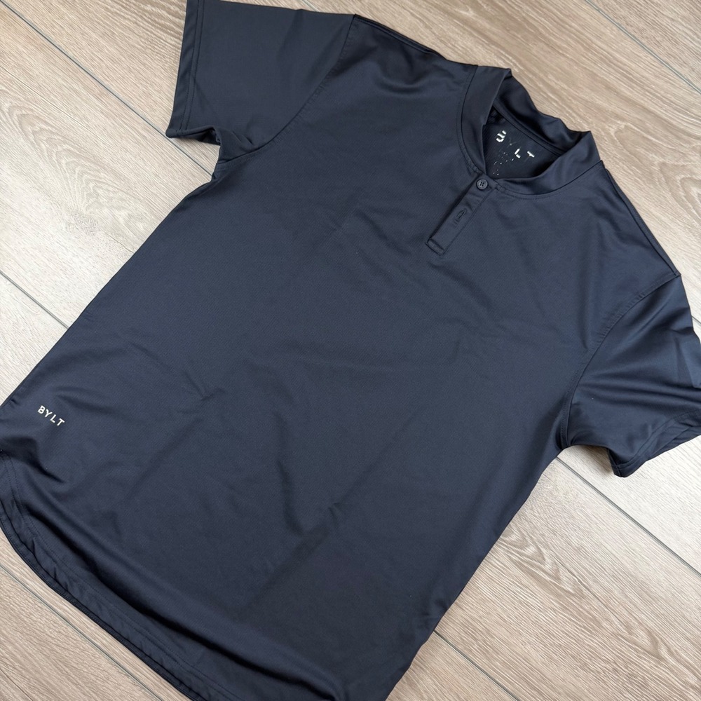 BYLT Mens Henley Drop Cut Short Sleeve Performance Shirt Black Medium